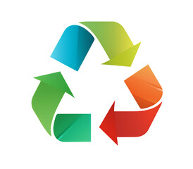 Bright multicolor recycling symbol composed of five sweeping arrows in a continuous loop isolated on transparent background, png