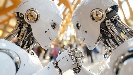 Fototapeta premium Two humanoid robots of different ethnicities shaking hands in corporate lobby surrounded by professionals. Robotics and automation