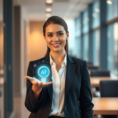 Professional Businesswoman Smiling Holding AI Lightbulb Innovation Idea Technology Future Data Network Office