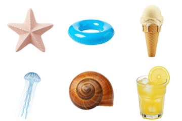 Set of colorful summer beach elements including starfish, ice cream, and drink