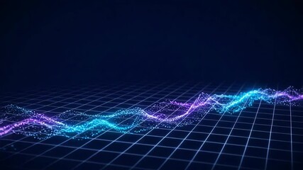 A vibrant digital rendering of data visualization. Abstract 3d wave and a grid are present on the dark background. - Powered by Adobe