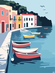 Vector scene of a peaceful Sicilian harbor with docked boats and sunny coastal buildings. Perfect for travel content, packaging, or posters
