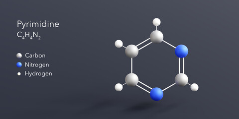 pyrimidine molecule 3d rendering, flat molecular structure with chemical formula and atoms color coding © Сергей Шиманович