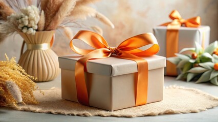 Elegant gift boxes with orange ribbons and autumnal decorations on rustic surface