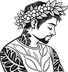 Japanese woman in traditional kimono holding a bouquet, an elegant vector illustration of her beautiful face and hair