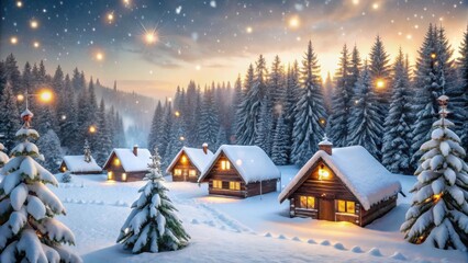 Fototapeta premium Enchanted Winter Village nestled in a snow-covered evergreen forest, illuminated by warm cabin lights under a magical starry sky.