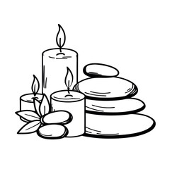  line art illustration of spa stones and candles on white backround.