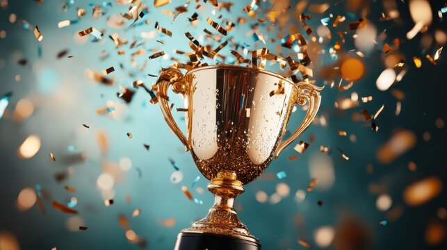An impressive golden trophy captures attention as colorful confetti bursts around it, perfect for celebrating achievements, victories, and moments of glory in various fields.