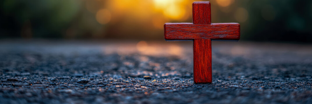 Concept: Religious Symbol; Holiday: Easter; Purpose: Inspiring Illustration, wooden cross standing on asphalt road with a warm light