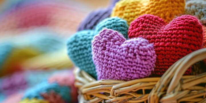Colorful assortment of handmade knitted hearts in a rustic basket, horizontal banner, copy space, free space for text - Powered by Adobe
