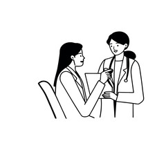  line art illustration of doctor consulting on white backround