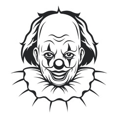 Obraz premium Monochrome Clown Head: Detailed vector graphic of a scary clown face with curly hair and ruff collar, isolated on white, suitable for Halloween or horror themes.