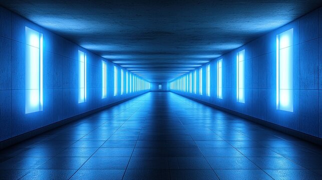 Long, empty corridor bathed in blue neon light