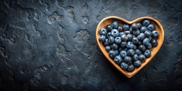 A heart-shaped wooden bowl brimming with plump, juicy blueberries rests on a dark, textured surface. - Powered by Adobe