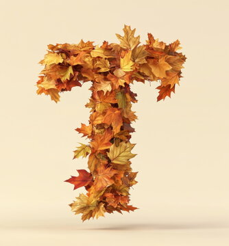 The letter "T" is made of falling autumn leaves