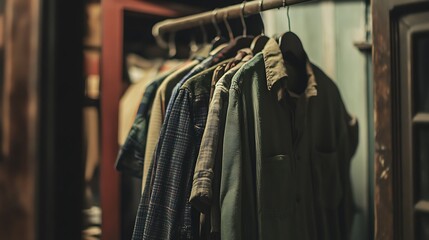 Fototapeta premium Old clothes hanging in the cloakroom clothing