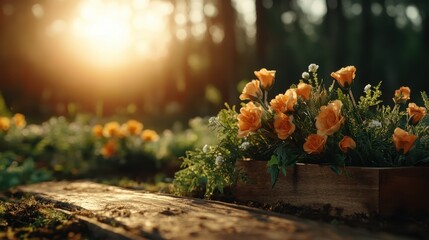 A vibrant arrangement of flowers catches the golden sunlight, creating a peaceful and enchanting atmosphere amidst a serene forest backdrop.