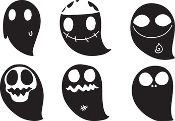 Minimalist ghost illustrations, simple black and white ghost shapes, spooky supernatural entities, stylized paranormal symbols cartoon ghosts, minimalist ghosts, simple ghosts, Halloween ghosts