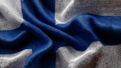 The flag of Finland is elegantly displayed on soft silk fabric, highlighting its distinct blue and white colors in an eye-catching design.
