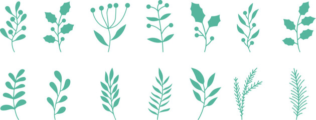 collection of various botanical silhouette vibrant green leave, intricate plant elements. minimalist floral patterns, natural compositions, abstract plant designs, decorative greenery