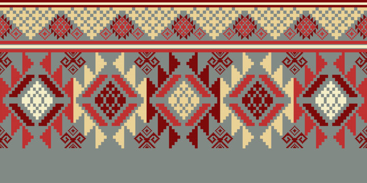 Pixel art ethnic, Pattern fabric pixel, design for background, clothing, decorative, drapery, cloth embroidery, geometric pixel art, handcraft, wallpaper, carpet, bag, card, cushions, Print, ethnic