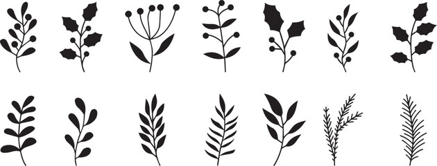 collection of various botanical silhouette vibrant green leave, intricate plant elements. minimalist floral patterns, natural compositions, abstract plant designs, decorative greenery