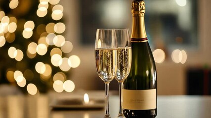 Champagne bottle and flutes filled with sparkling wine placed on a table, with blurred golden Christmas lights in the background. Cozy and elegant festive setting indoors. - Powered by Adobe