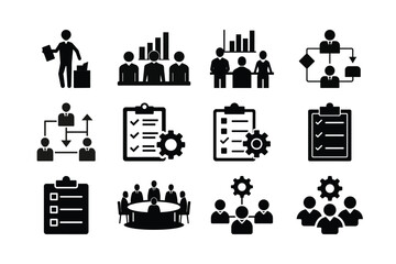 Business and Project Management Icons Illustrating Planning, Teamwork and Organization Black and White Design Collection