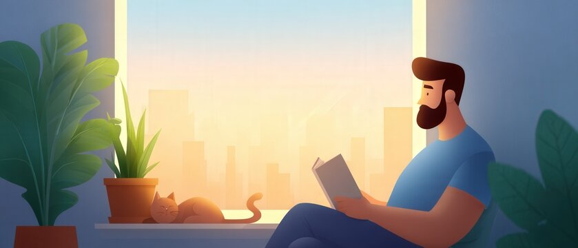 Man reads book with cat sleeping by window. Relaxation, reading, cozy atmosphere, comfort and domestic life.