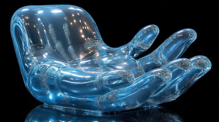 Translucent blue hand-shaped chair, glowing