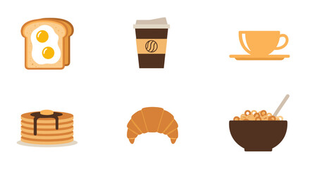 Illustration of breakfast items including toast, coffee, pancakes, and cereal