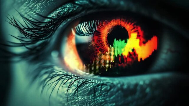 Close up of human eye with colorful digital data reflection showing technology and futuristic innovation, detailed eyelashes and skin texture evoke