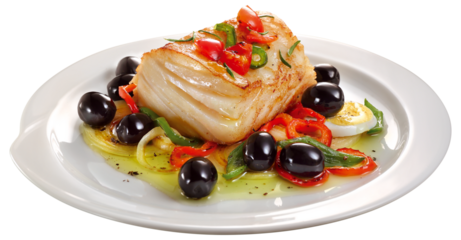 prato com bacalhau assado acompanhado de pimentões grelhados, azeitona preta e ovo cozido isolado em fundo transparente