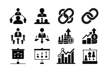 Diverse Business Concepts Depicted in Black and White Vector Icons for Strategy and Finance