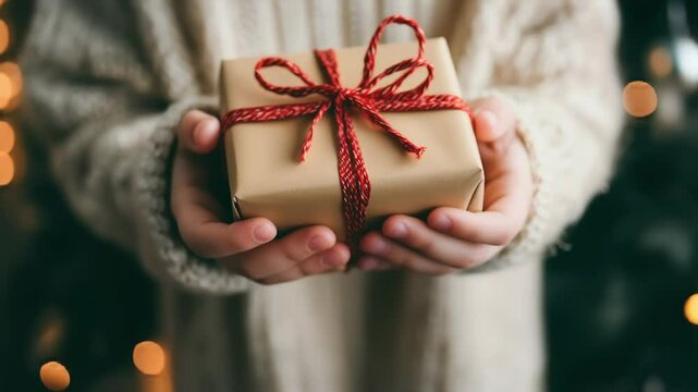 A person in a warm knitted sweater holds a small kraft-wrapped gift tied with red string. The soft background lights and gentle tones create a cozy Christmas atmosphere.
