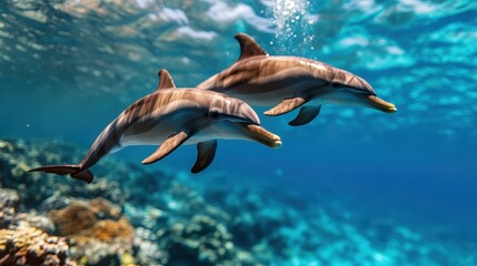 Obraz premium Two playful dolphins glide gracefully through the crystal-clear waters, capturing the joy of marine life and the beauty of underwater ecosystems in vibrant coral settings.