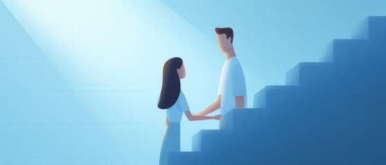 Obraz premium Man helps woman climb steps. Assistance, support, guidance to reach higher goals, teamwork.