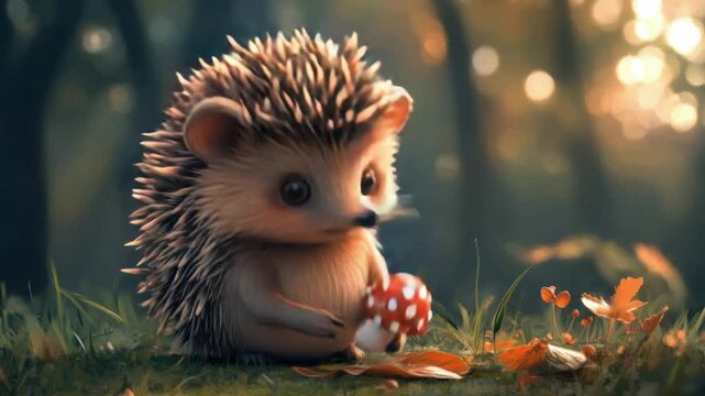 Whimsical Hedgehog Amidst Autumn's Embrace: A charming hedgehog cradles a vibrant mushroom amidst the soft hues of autumn, evoking a sense of wonder and delight.