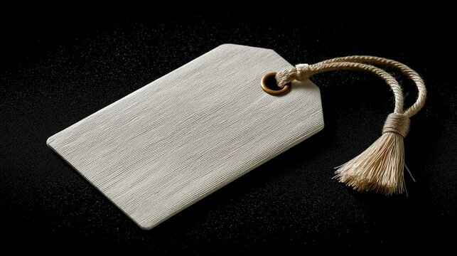 Blank white linen tag with right-side tassels, isolated on a black background for minimalist branding or product labeling