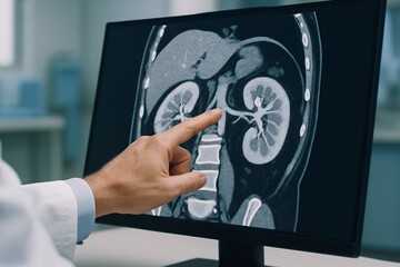 Doctor examines a detailed kidney scan on a computer monitor for Kidney Health Self-Assessment Concept.