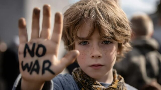 Young child holding up hand with no war message during peaceful protest in city setting on a sunny day