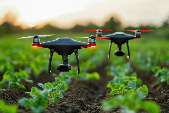 Two drones fly over a lush green field, showcasing precision agriculture technology at sunset