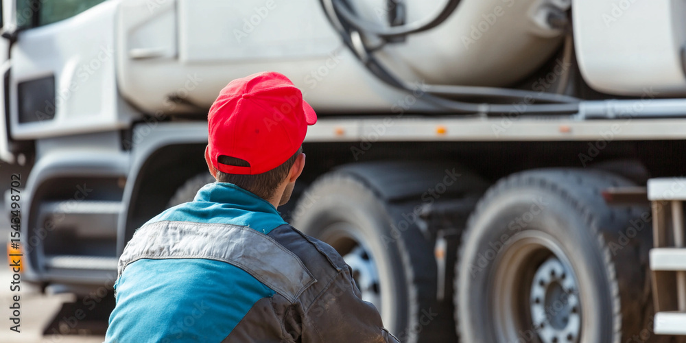 Aufkleber man in work attire observing large truck on site generative ai