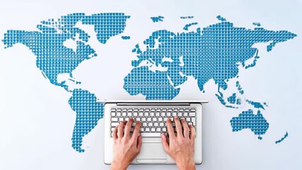Hands typing on laptop with digital world map above screen, showing human link to global network and growing digital earth - Powered by Adobe