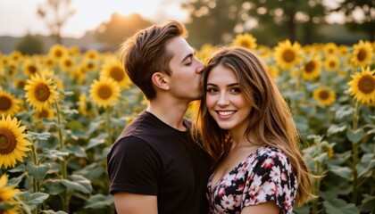 Fototapeta premium Romantic couple embracing in sunflower field at sunset photography nature warm atmosphere portrait style
