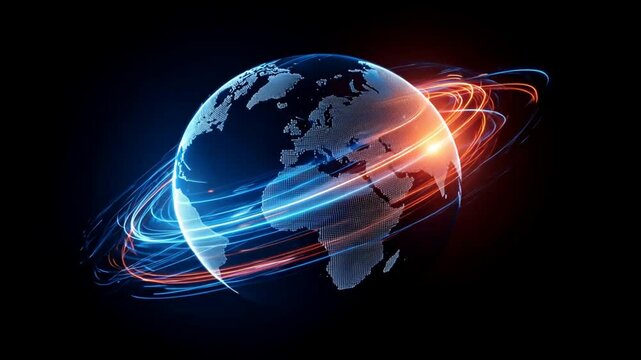 Earth glowing with blue and red light trails across surface, showing fast data flow and digital earth linked in global network tech planet