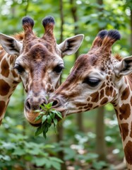Naklejka premium Giraffes eating together in a forested habitat wildlife photography natural environment close-up view