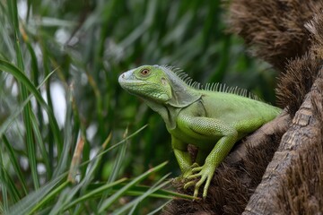 Obraz premium A bright green iguana resting on a rough brown palm tree trunk surrounded by green leaves