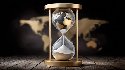 Hourglass world map with sand flowing symbolizes time and cloud data storage for global information management in digital world environment - Powered by Adobe