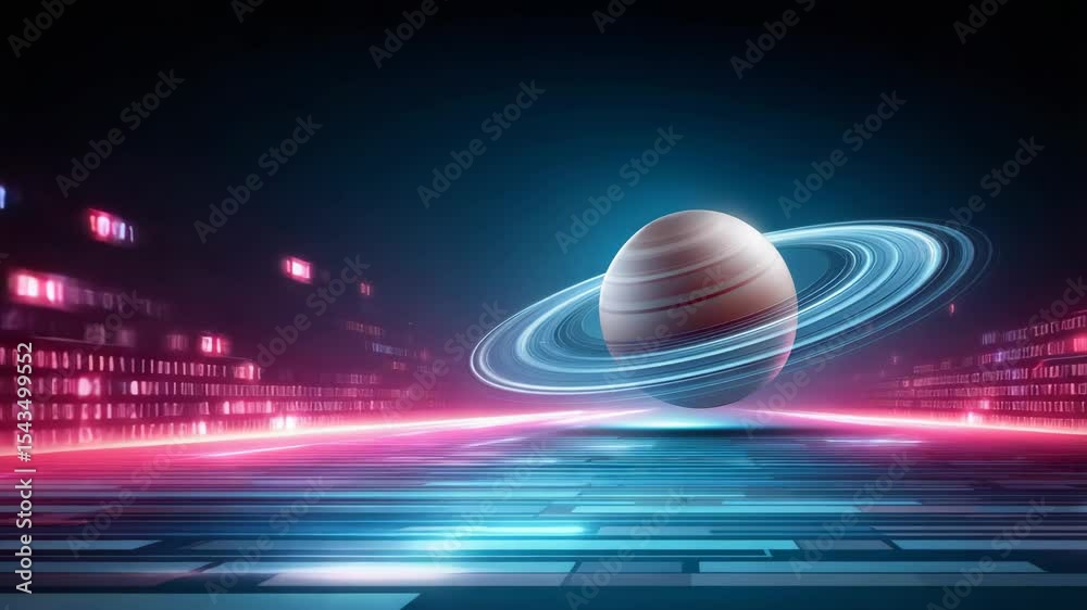 Poster futuristic digital planet with glowing neon light rings floating above cloud data storage platform b